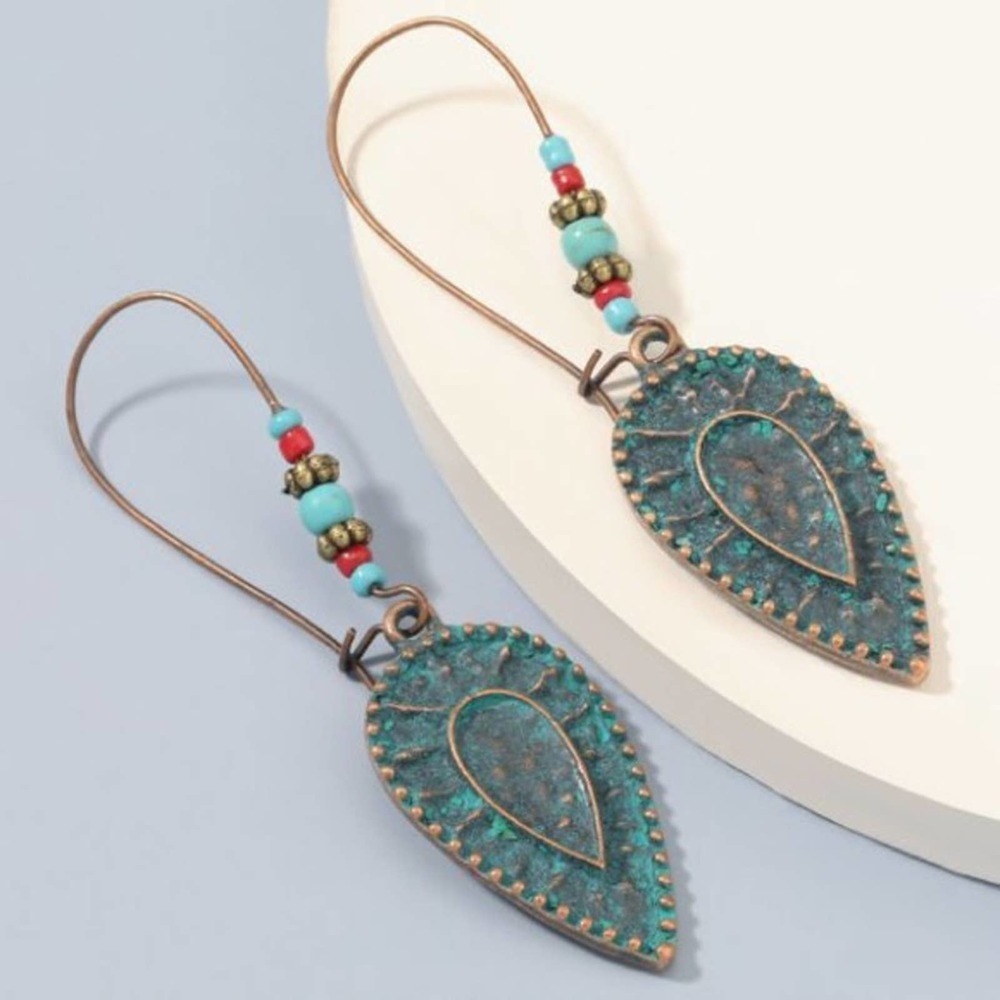 Boho Turquoise and Red Beaded Leaf Drop Earrings